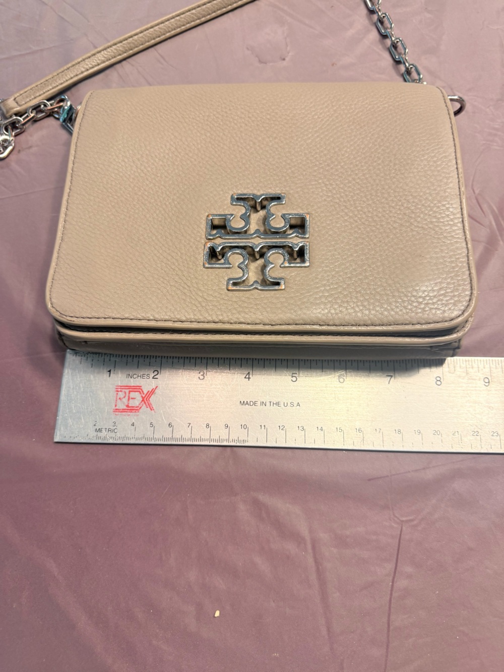 Tory Burch Britten French Gray Leather Silver Crossbody Purse Handbag - Picture 12 of 14